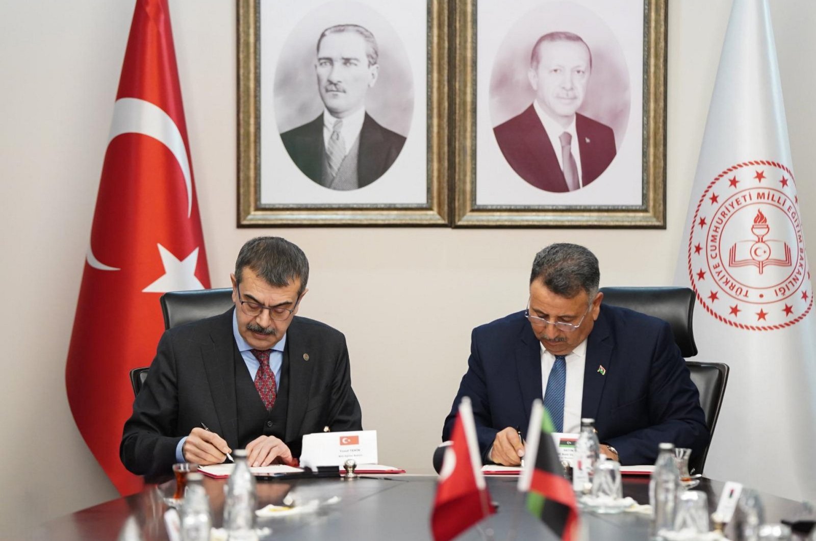 Education Minister Yusuf Tekin (L) and Libyan Education Minister Yahlif al-Sifav (R) signed the memorandum of understanding on vocational and technical education cooperation, Ankara, Türkiye, Feb. 23, 2024. (AA Photo)