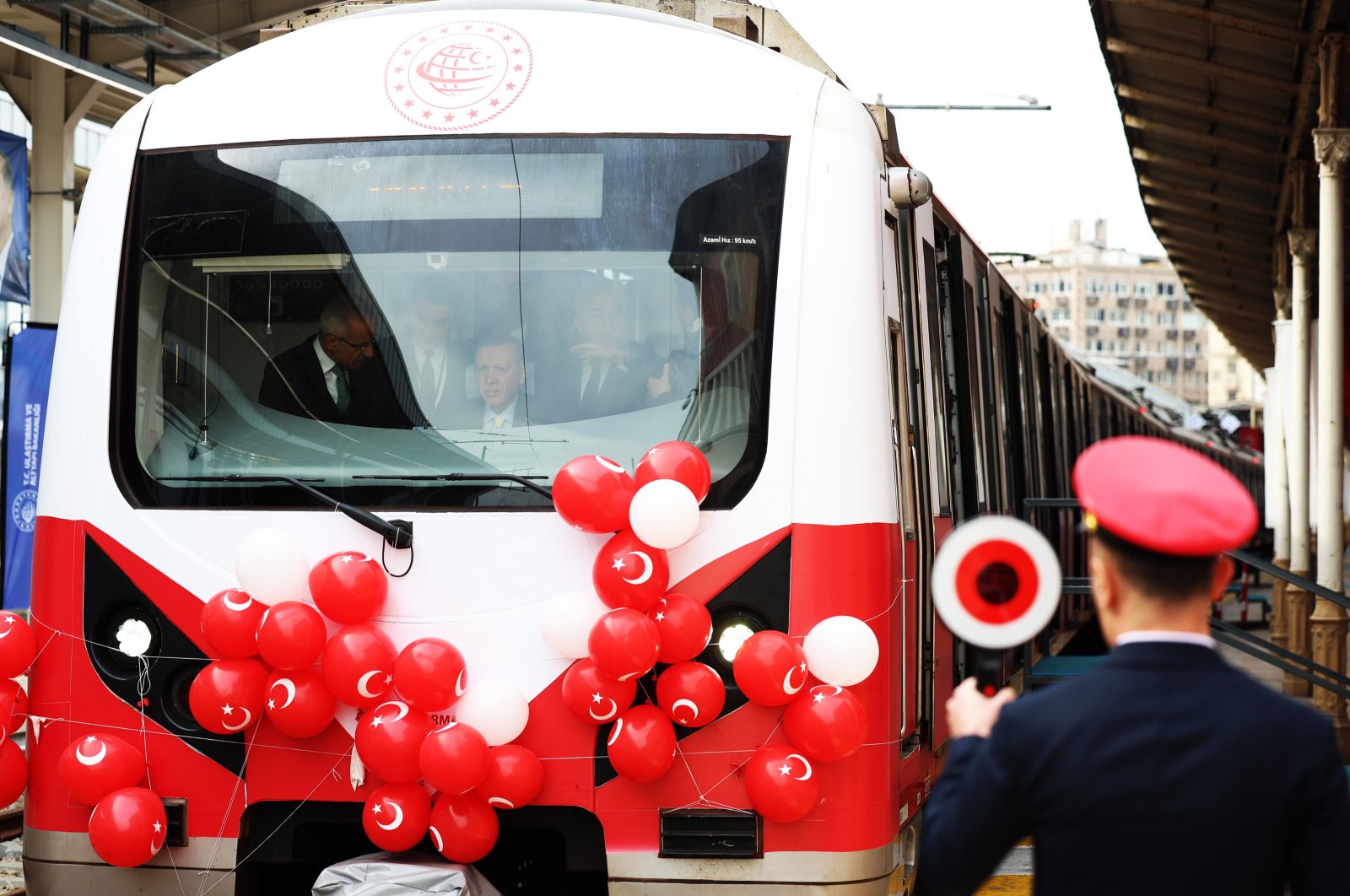 President Recep Tayyip Erdoğan made the first trip of the refurbished suburban train on the Sirkeci-Kazlıçeşme Rail System Line, Istanbul, Türkiye, Feb. 26, 2024. (AA Photo)