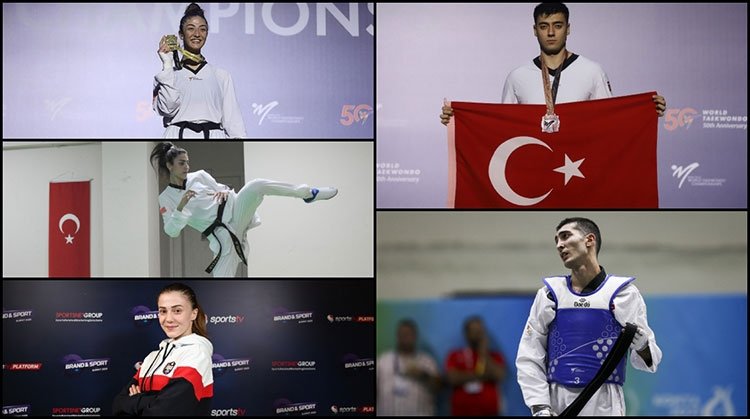 The collage shows five Turkish taekwondo athletes who will complete at the 2024 Paris Olympics. (AA Photo)
