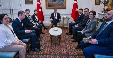 Vice President Cevdet Yılmaz (C) attends a meeting with European Bank for Reconstruction and Development (EBRD) President Odile Renaud-Basso (4th L), London, U.K., Feb. 27, 2024. (AA Photo)