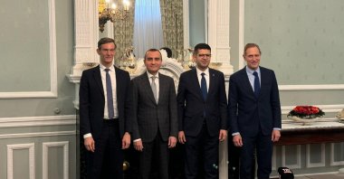 EBRD Türkiye Director Arvid Tuerkner (L), Dgpays CEO Serkan Ömerbeyoğlu (2-L), Presidential Investment Office head Ahmet Burak Dağlıoğlu (2-R) and Bernard-Louis Roques (R), one of the founders of Truffle Capital, attended the press conference held at Türkiye's Embassy in London, U.K., Feb. 27, 2024. (AA Photo)