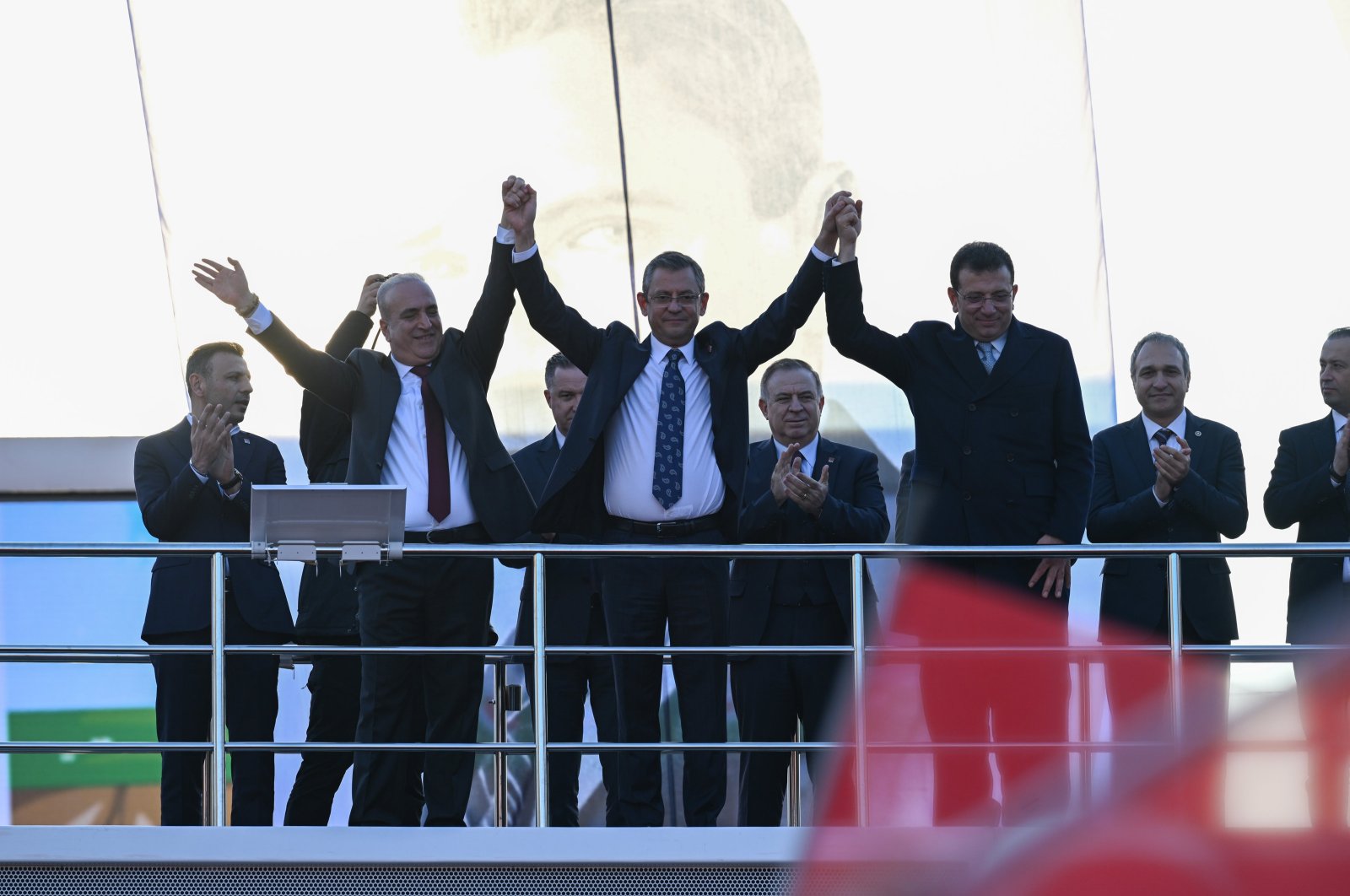 Main opposition Republican People&#039;s Party (CHP) Chair Özgür Özel (C) and Istanbul Mayor Ekrem Imamoğlu (R) are seen during a meeting in Sultangazi, Istanbul, Türkiye, Feb. 22, 2024. (AA Photo)