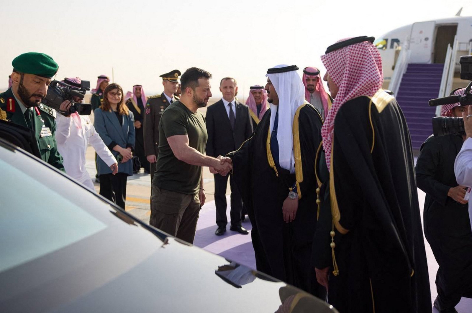 Ukrainian President Volodymyr Zelenskyy arriving in Saudi Arabia to promote his peace plan and discuss potential prisoners-of-war exchanges. (Photo by Handout / Telegram /@V_Zelenskiy_Official / AFP) 