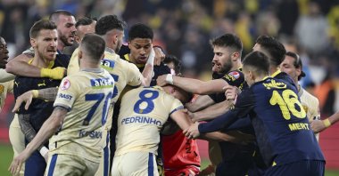 Ankaragücü and Fenerbahçe players scuffle during the Turkish Cup quarterfinals match at the Eryaman Stadium, Ankara, Türkiye, Feb. 27, 2024. (AA Photo)