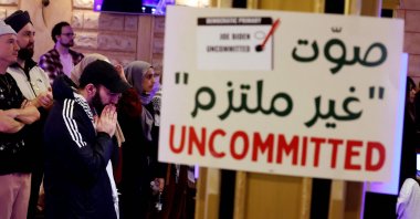 Attendees listen to speeches during an "Uncommitted for Joe Biden" primary election night watch party at Adonis restaurant, Michigan, U.S., Feb. 27, 2024. (AFP Photo)