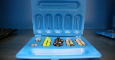 The board of Beştemse, a traditional game in Kazakhstan, made by students using caps of water bottles, Eskişehir, Türkiye, Feb. 28, 2024. (AA photo)