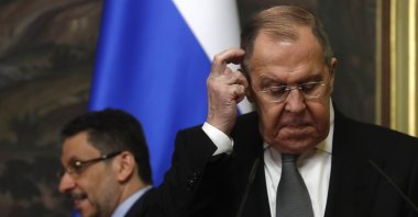 Russian Foreign Minister Sergei Lavrov (R) attends a news conference with Yemeni Prime Minister and Foreign Minister Ahmed Awad bin Mubarak, Moscow, Russia, Feb. 27, 2024. (EPA Photo)