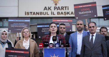 Burcu Özer Günaydın, deputy chair of the ruling Justice and Development Party&#039;s (AK Party) Istanbul office, speaks at a news conference for the anniversary of the Feb. 28, 1997 coup, Istanbul, Türkiye, Feb. 28, 2024. (AA Photo)