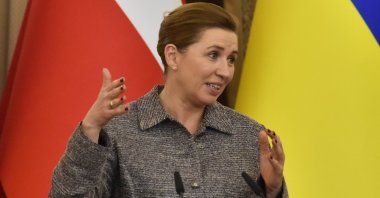 Denmark Prime Minister Mette Frederiksen speaks at a program in Lviv, Ukraine, Feb. 23, 2024. (AA Photo)