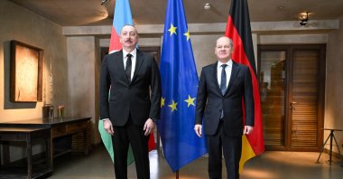 German Chancellor Olaf Scholz and Azerbaijani President Ilham Aliyev pose for photos during a bilateral meeting at the Munich Security Conference (MSC) in Munich, southern Germany, Feb.17, 2024. (AFP Photo)