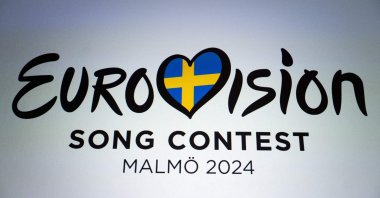 The logo of the Eurovision 2024 displayed during a news conference of Belgian singer Mustii (aka Thomas Mustin), who will represent Belgium at the song contest, in Brussels, Feb. 20, 2024. (AFP Photo)
