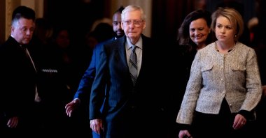 Senate Minority Leader Mitch McConnell (R-KY) departs the Senate chamber, Feb. 28, 2024. (AFP Photo)