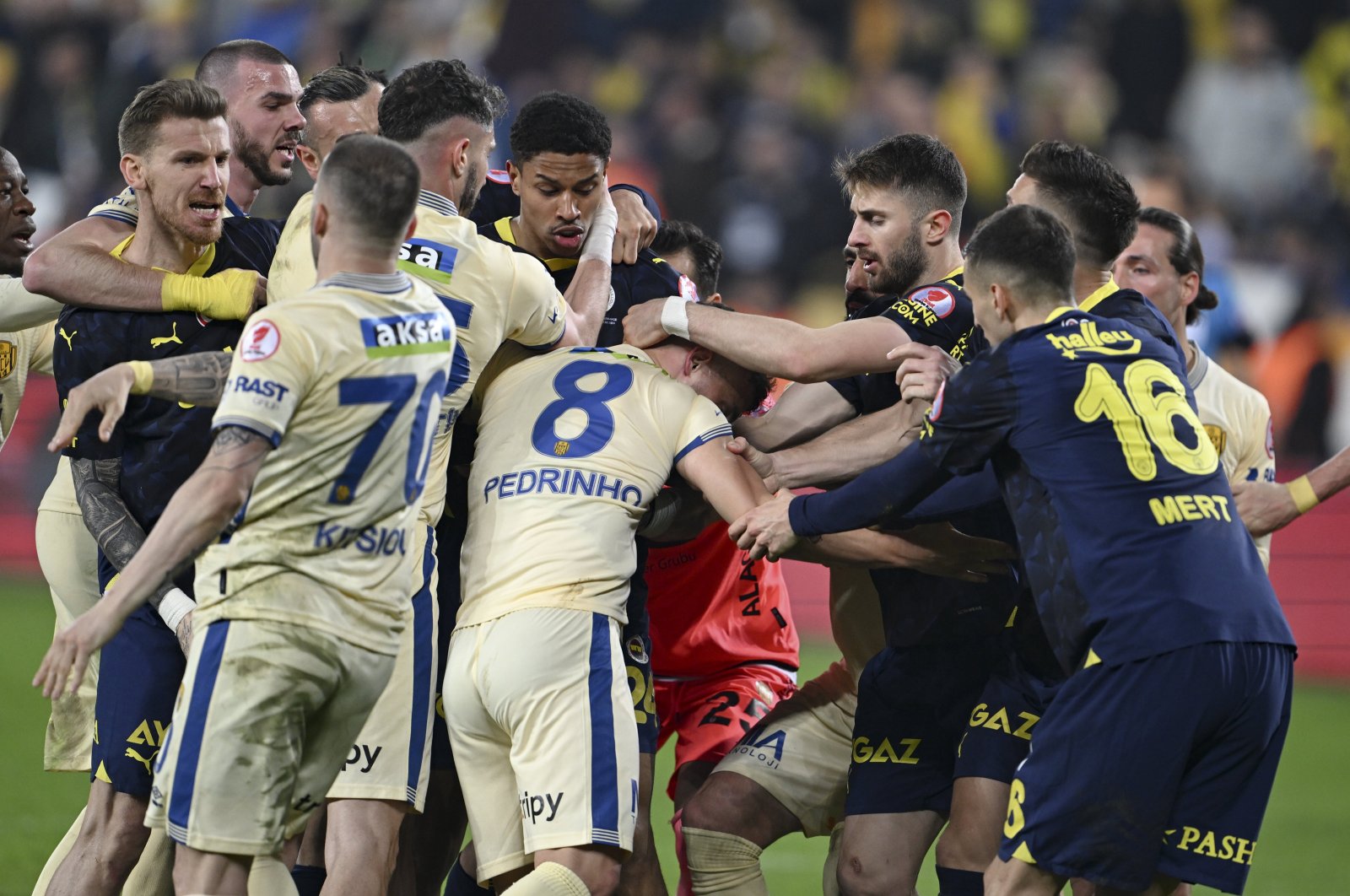 Ankaragücü and Fenerbahçe players scuffle during the Turkish Cup quarterfinals match at the Eryaman Stadium, Ankara, Türkiye, Feb. 27, 2024. (AA Photo)