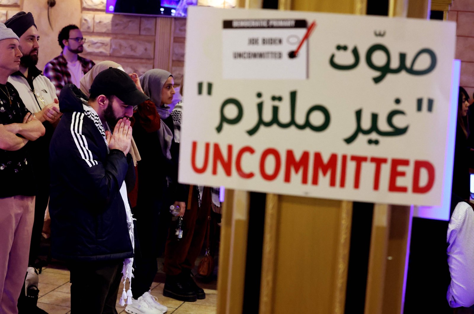 Attendees listen to speeches during an &quot;Uncommitted for Joe Biden&quot; primary election night watch party at Adonis restaurant, Michigan, U.S., Feb. 27, 2024. (AFP Photo)