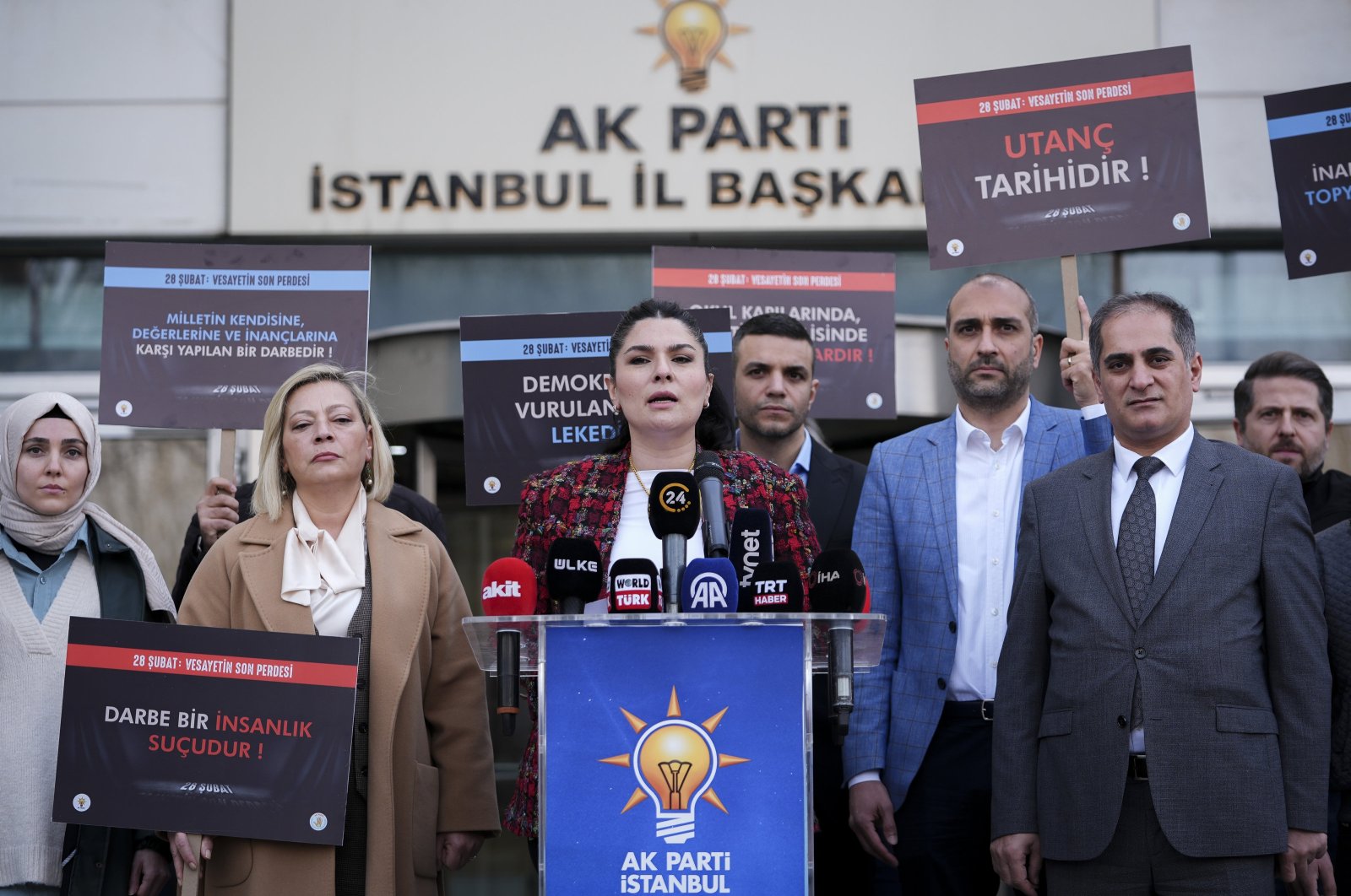 Burcu Özer Günaydın, deputy chair of the ruling Justice and Development Party&#039;s (AK Party) Istanbul office, speaks at a news conference for the anniversary of the Feb. 28, 1997 coup, Istanbul, Türkiye, Feb. 28, 2024. (AA Photo)