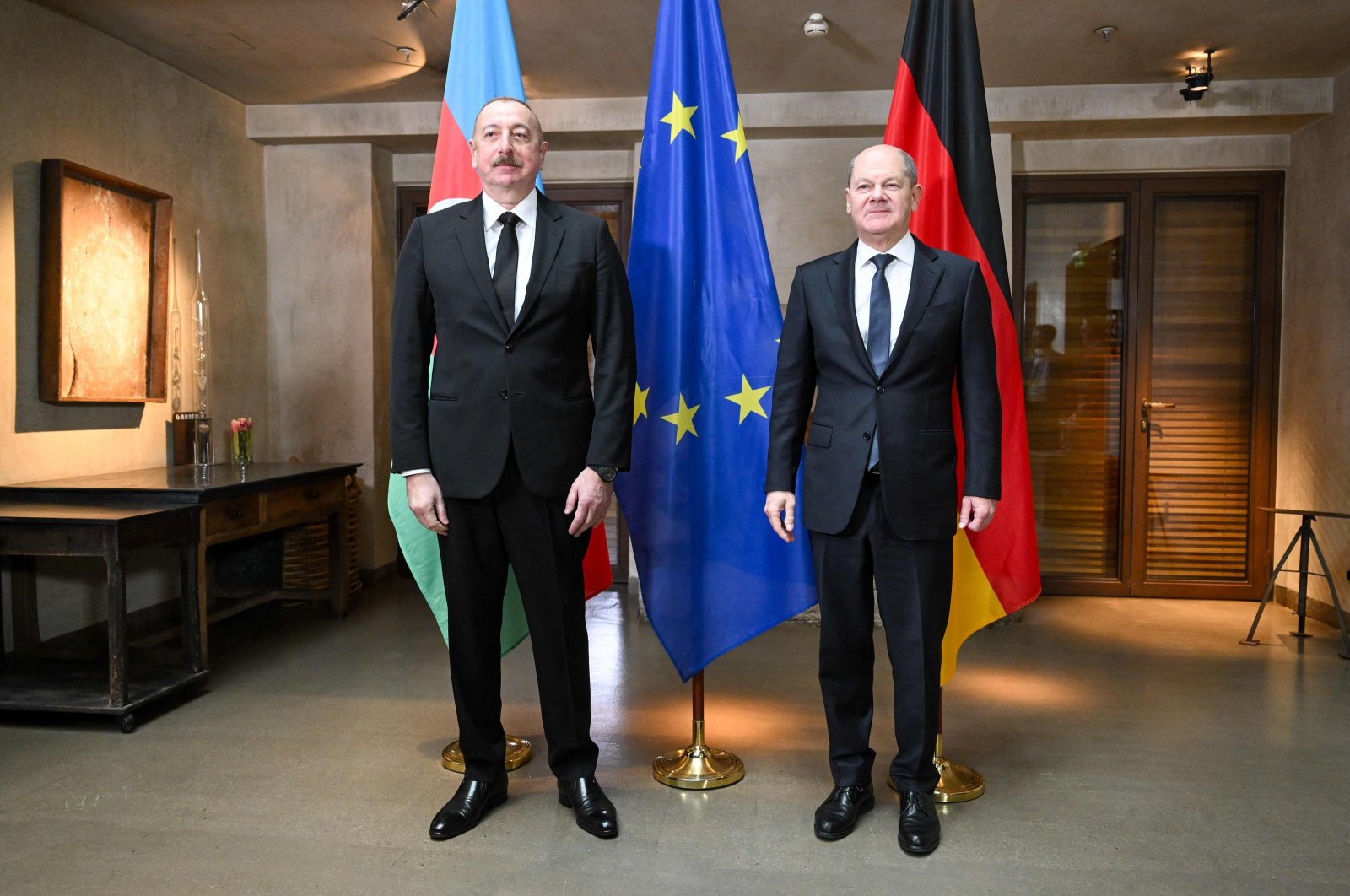 German Chancellor Olaf Scholz and Azerbaijani President Ilham Aliyev pose for photos during a bilateral meeting at the Munich Security Conference (MSC) in Munich, southern Germany, Feb.17, 2024. (AFP Photo)