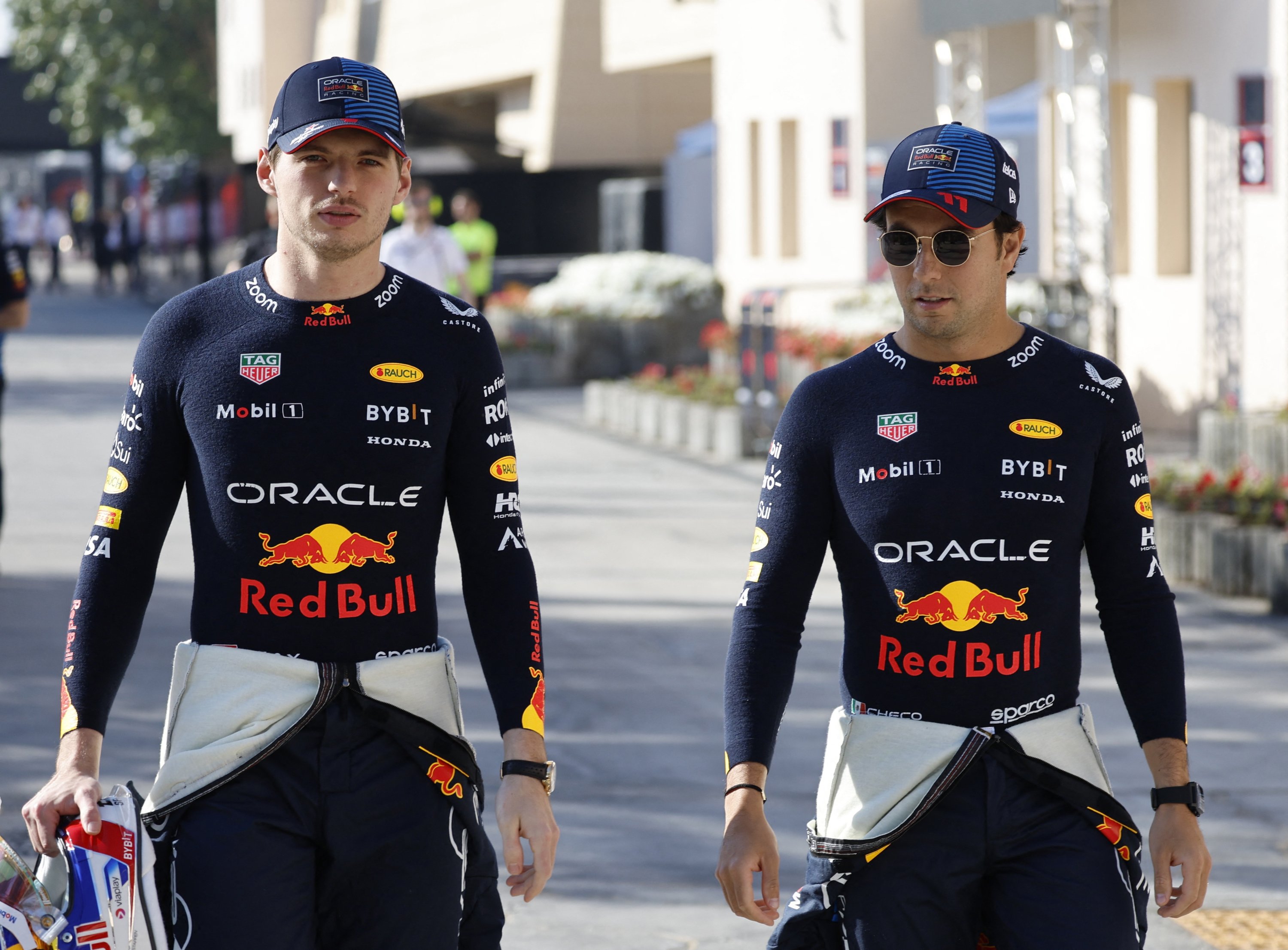 Red Bull's Max Verstappen (L) and Sergio Perez during the preseason testing at the Bahrain International Circuit, Sakhir, Bahrain, Feb. 21, 2024. (Reuters Photo)