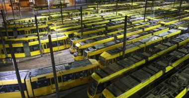 Trams are parked on the grounds of a Ruhrbahn transport company service during a nationwide strike of the public transport sector in Essen, Germany, Feb. 29, 2024. (EPA Photo)