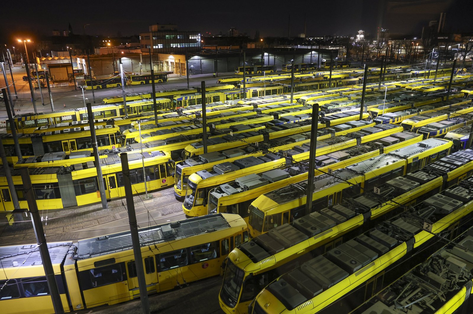 Trams are parked on the grounds of a Ruhrbahn transport company service during a nationwide strike of the public transport sector in Essen, Germany, Feb. 29, 2024. (EPA Photo)