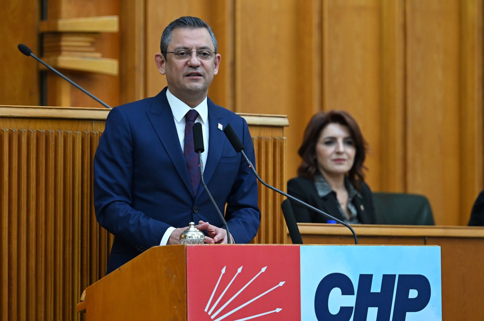 Republican People’s Party (CHP) Chairperson Özgür Özel speaks at the parliamentary group meeting of the CHP in the capital Ankara, Türkiye, Feb. 27, 2024. (AA Photo)