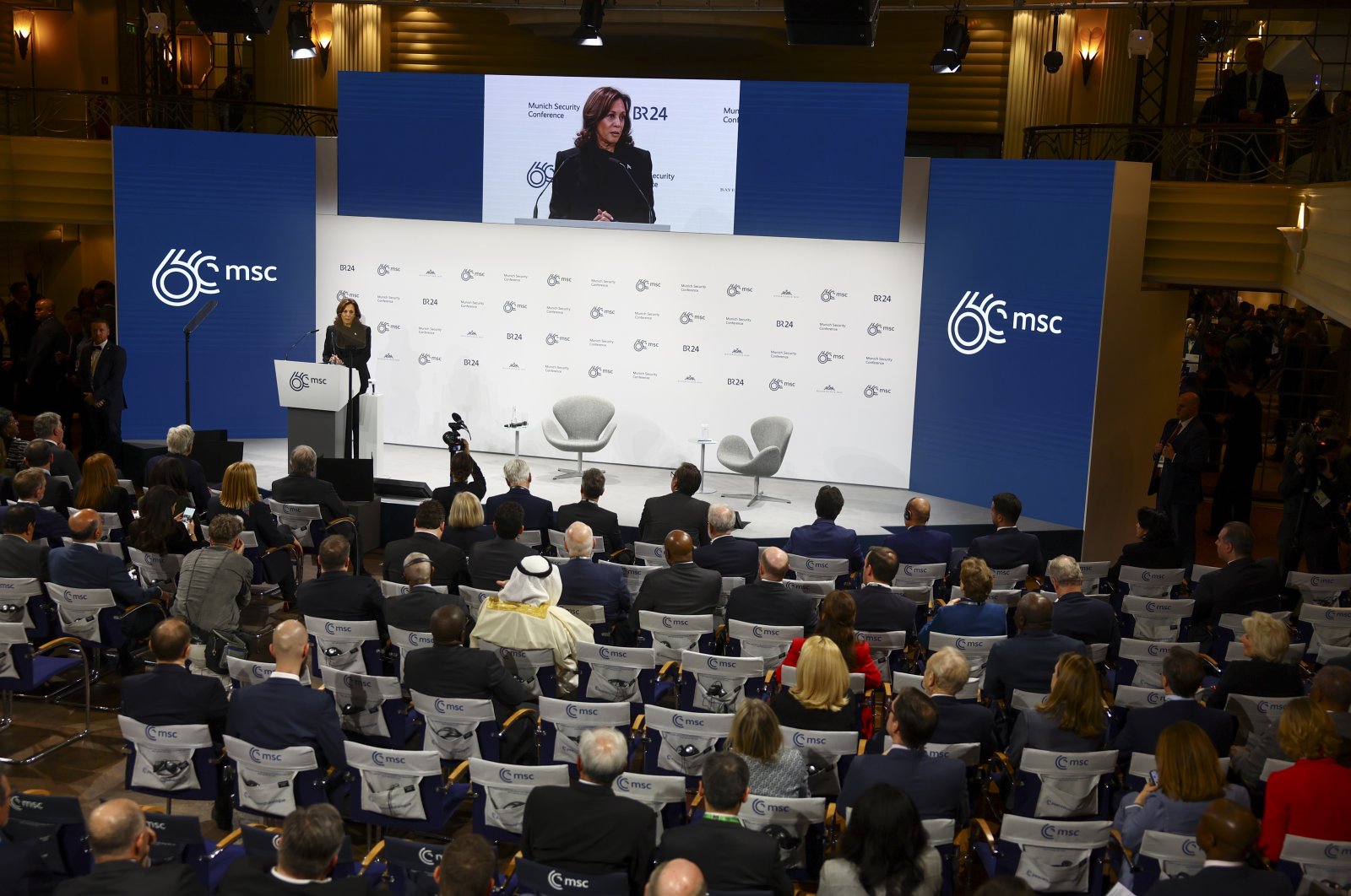 U.S. Vice President Kamala Harris speaks during the Munich Security Conference, in Munich, Germany, Feb. 16, 2024. (AP Photo)
