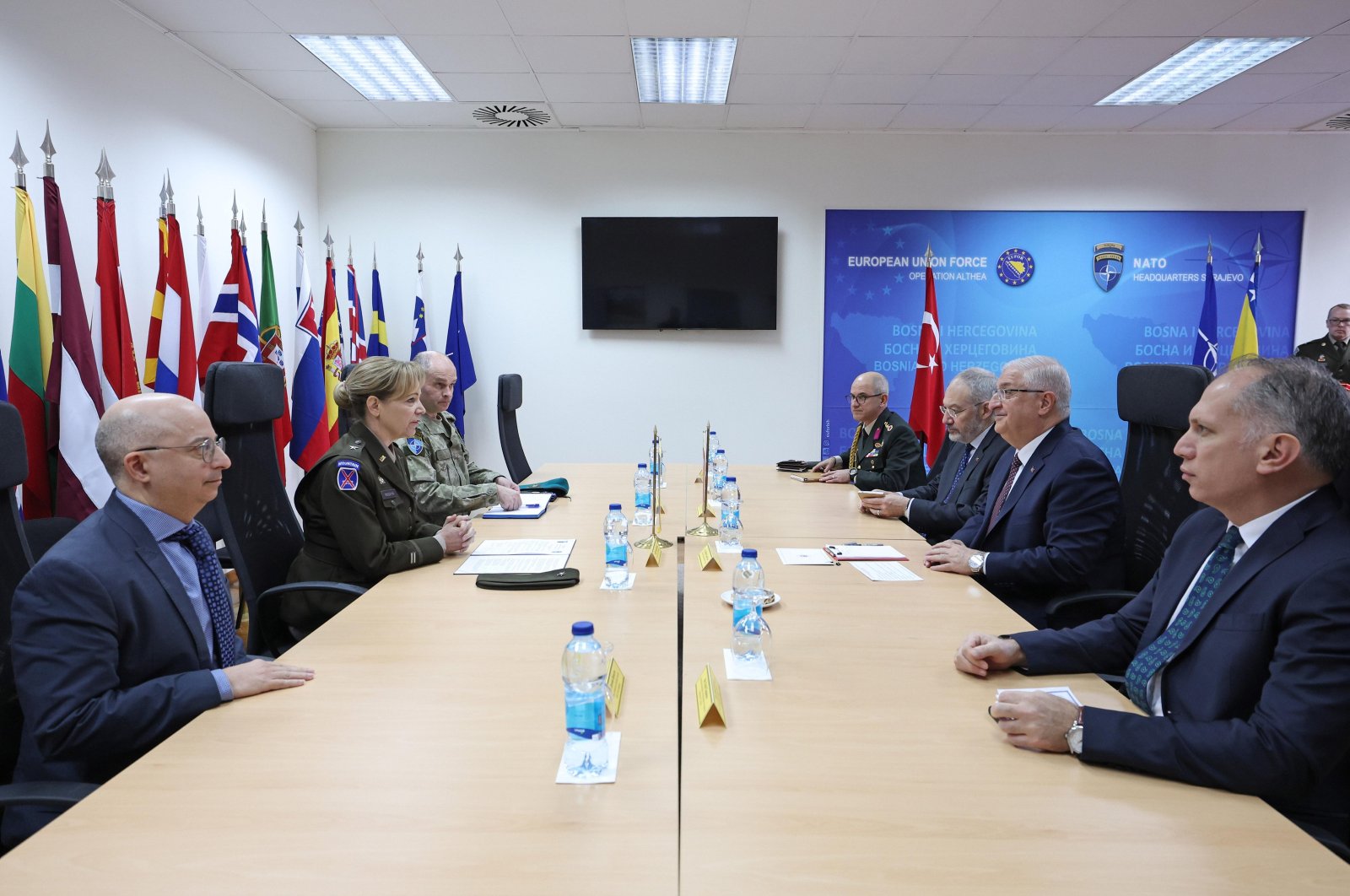 Defense Minister Yaşar Güler holds a meeting with EUFOR Commander Maj. Gen. Laszlo Sticz in Sarajevo, Feb. 29, 2024. (AA Photo)