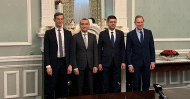 From left, EBRD Türkiye Director Arvid Tuerkner, Dgpays CEO Serkan Ömerbeyoğlu, Presidential Investment Office head Ahmet Burak Dağlıoğlu and Bernard-Louis Roques, one of the founders of Truffle Capital, attend the news conference at Türkiye's Embassy in London, U.K., Feb. 27, 2024. (AA Photo)