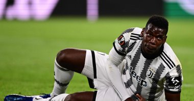 Juventus' French midfielder Paul Pogba reacts after being tackled during the UEFA Europa League semifinal first leg football match between Juventus and Sevilla, Turin, Italy, May 11, 2023. (AFP Photo)