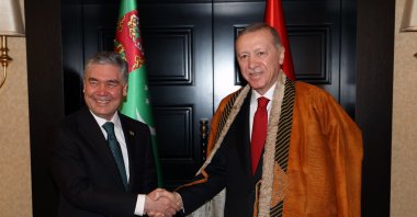 President Recep Tayyip Erdoğan (R) shakes hands with former Turkmen President Gurbanguly Berdymukhamedov during their meeting, Antalya, southern Türkiye, March 1, 2024. (AA Photo)