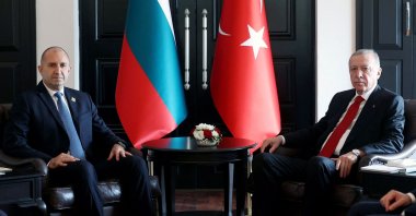 President Recep Tayyip Erdoğan (R) poses with Bulgarian President Rumen Radev (L) during their meeting at the Antalya Diplomacy Forum, Antalya, Türkiye, March 1, 2024. (AFP Photo)