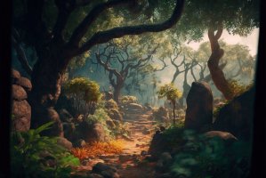 Daylight filtering through a verdant forest serves as the backdrop for an anime-style illustration, created using generative AI technology. (Shutterstock Photo)