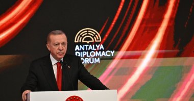 President Recep Tayyip Erdoğan speaks at Antalya Diplomacy Forum, Antalya, southern Türkiye, March 1, 2024. (AA Photo)