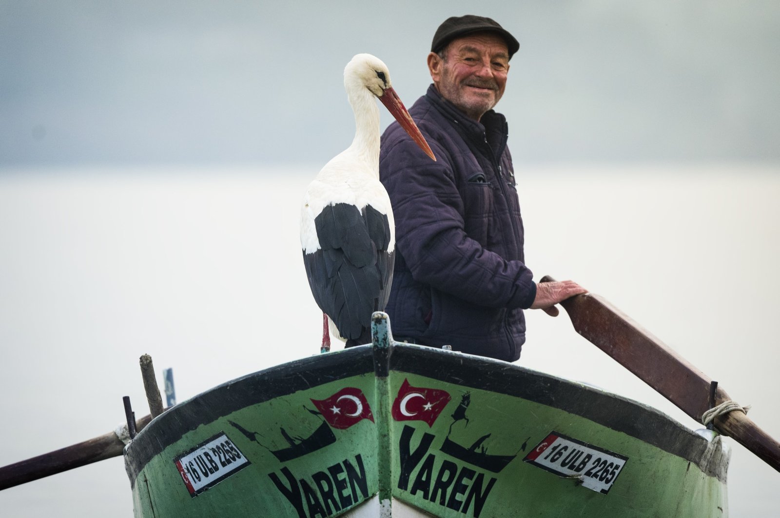 The stork Yaren sits on the boat of fisherman Adem Yılmaz, known as &quot;Adem Uncle,&quot; in Karabacey, Bursa, northwestern Türkiye, Feb. 29, 2024. (AA Photo)