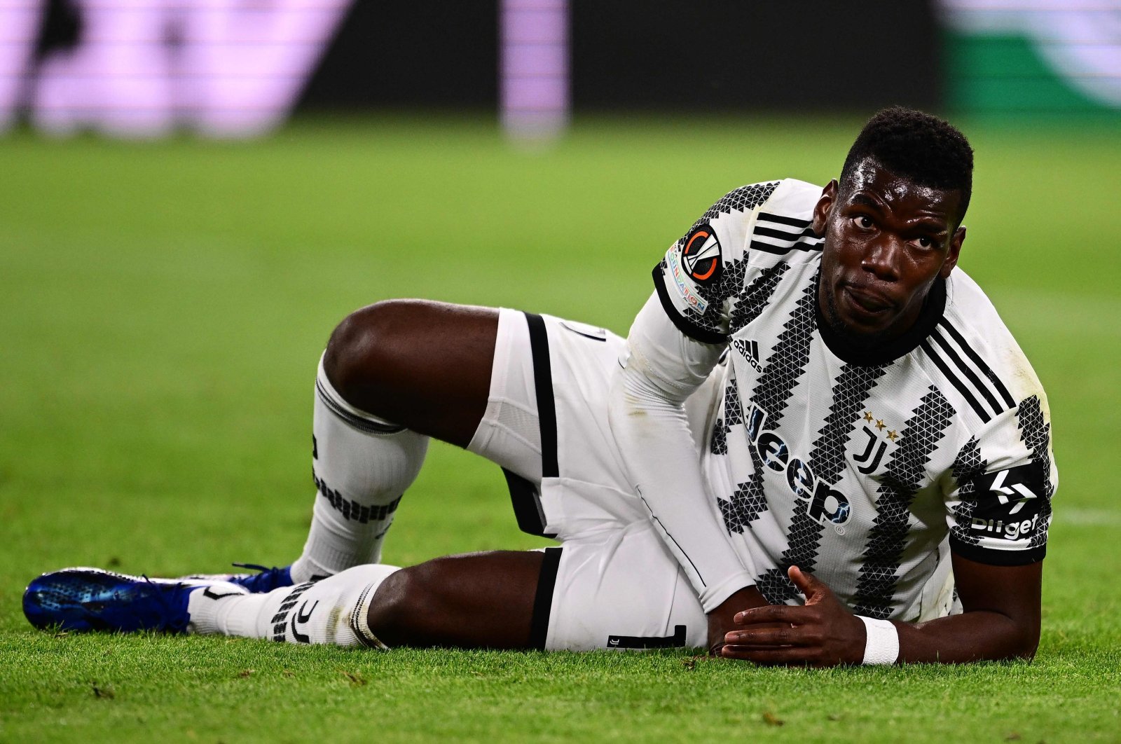 Juventus&#039; French midfielder Paul Pogba reacts after being tackled during the UEFA Europa League semifinal first leg football match between Juventus and Sevilla, Turin, Italy, May 11, 2023. (AFP Photo)