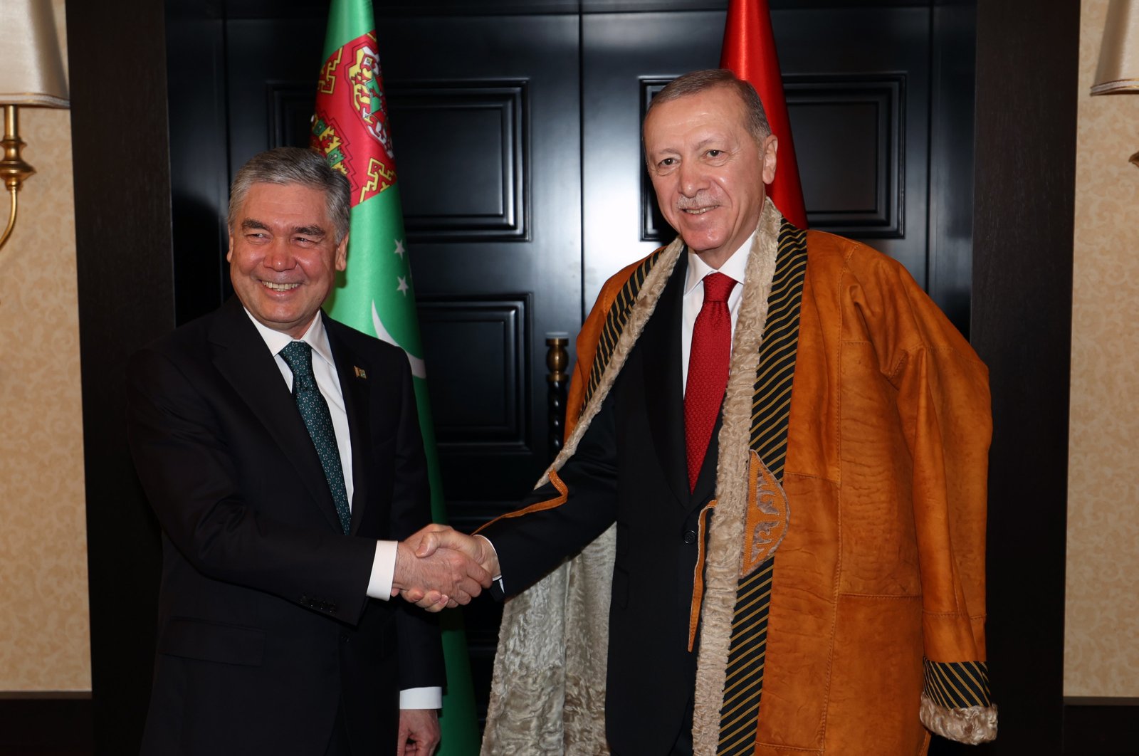 President Recep Tayyip Erdoğan (R) shakes hands with former Turkmen President Gurbanguly Berdymukhamedov during their meeting, Antalya, southern Türkiye, March 1, 2024. (AA Photo)