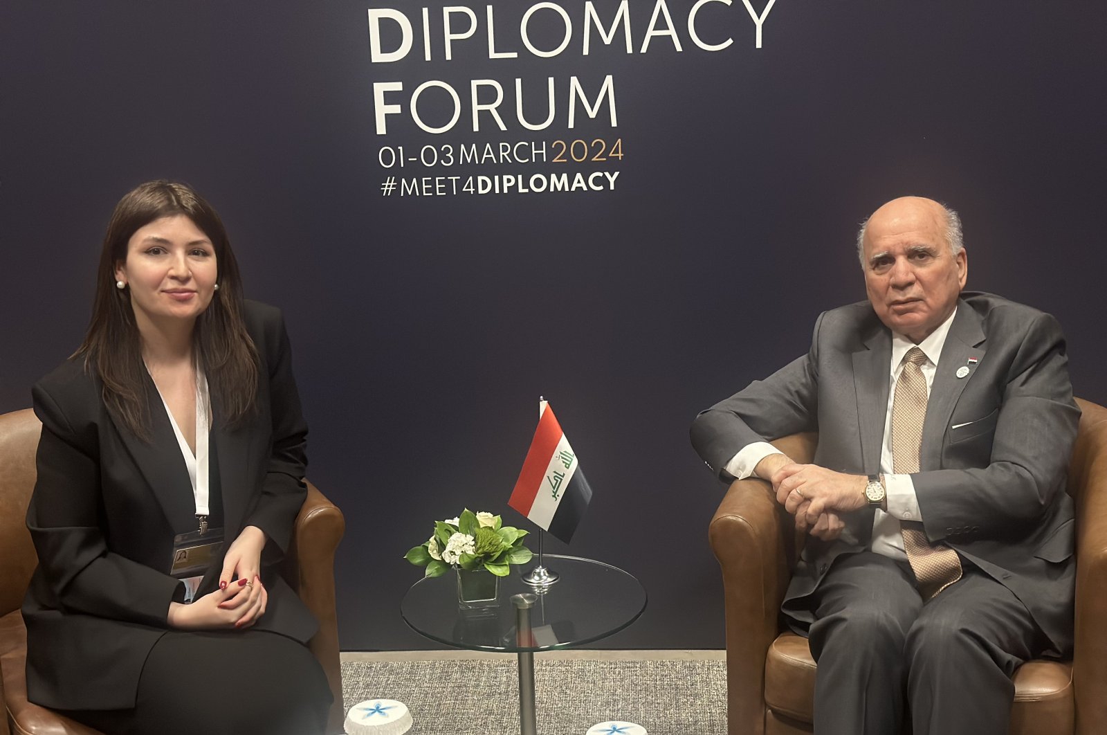 Iraqi Foreign Minister Fuad Hussein is seen with Daily Sabah&#039;s Dilara Aslan Özer at the Antalya Diplomacy Forum, Türkiye, March 1, 2024 (Photo by Dilara Aslan Özer)