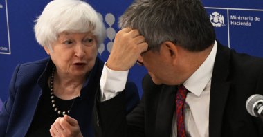 U.S. Treasury Secretary Janet Yellen (L) chats with Chile&#039;s Minister of Treasury Mario Marcel during a joint press conference at the ministry&#039;s headquarters, Santiago, Chile, March 1, 2024. (AFP Photo)