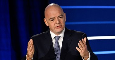 President of FIFA Gianni Infantino gestures as he delivers a speech during the 48th UEFA ordinary Congress held at the Maison de la Mutualite, Paris, France, Feb. 8, 2024. (AFP Photo)