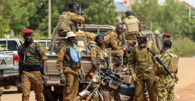 Burkina Faso troops outside the National Assembly in Ouagadougou, Burkina Faso, Oct. 14, 2022. (AP Photo)