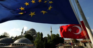 The flags of Türkiye and the European Union are seen from the roof of the historical shopping center Grand Bazaar in Istanbul, Türkiye, Oct. 5, 2005. (Reuters Photo)