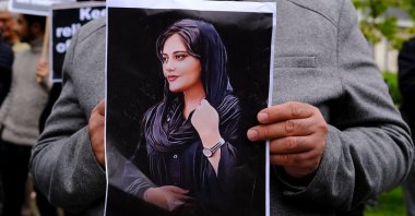 Protestors demonstrate at the Iranian Embassy in Brussels on Sept. 23, 2022, after Mahsa Amini&#039;s death. (Shutterstock Photo)