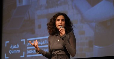 Lina Soualem speaks at Qumra, organized by the Doha Film Institute, Doha, Qatar, March, 1, 2024.  (Getty Images Photo)