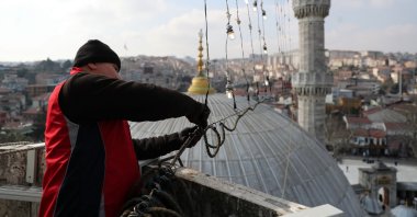 Mahyas are hung on Eyüpsultan Mosque ahead of the holy month of Ramadan, Istanbul, Türkiye, March 4, 2024. (AA Photo)