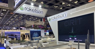 The booth of missile producer Roketsan at the Doha International Maritime Defence Exhibition and Conference (DIMDEX 2024), Doha, Qatar, March 4, 2024. (AA Photo)