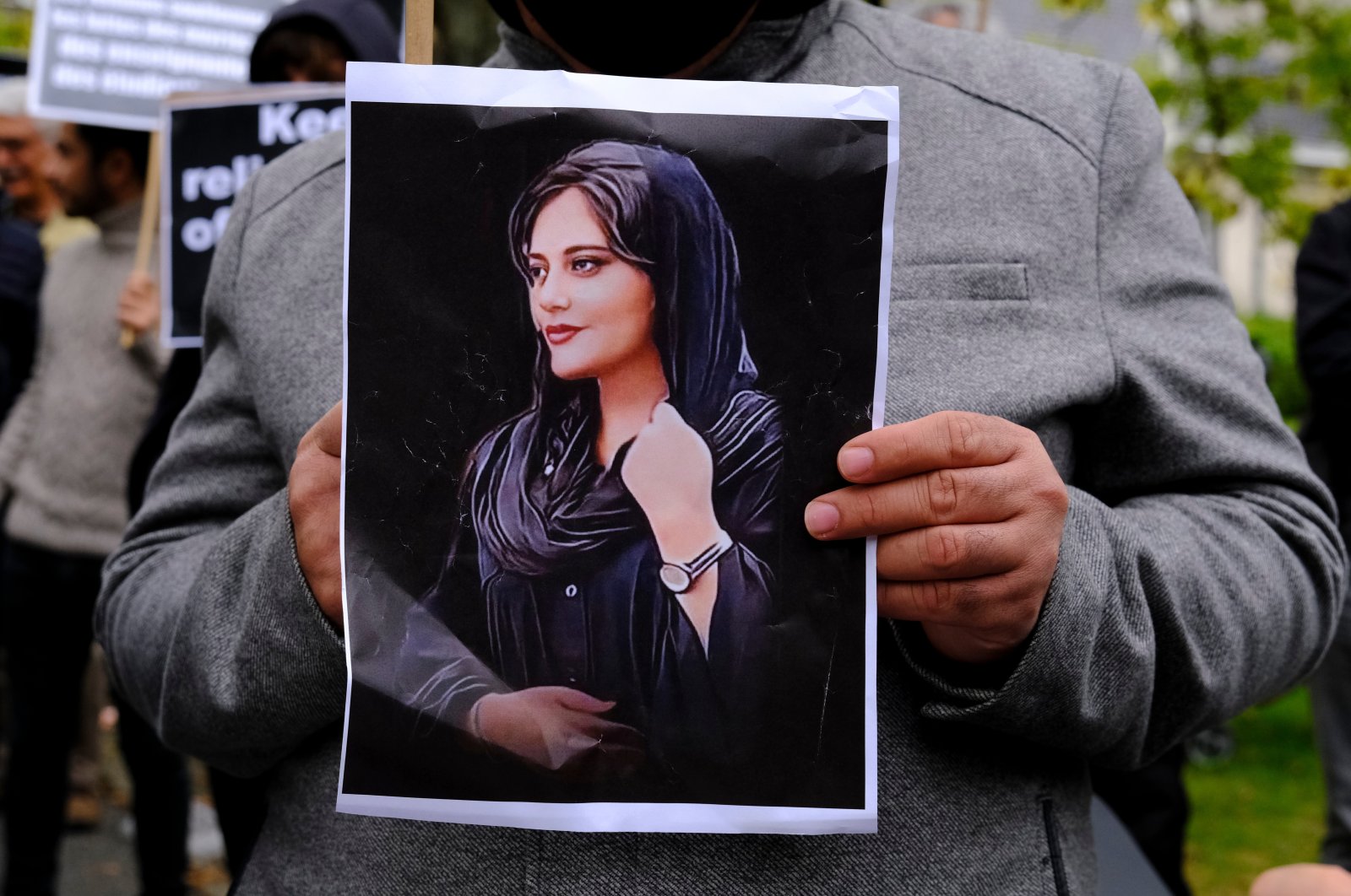 Protestors demonstrate at the Iranian Embassy in Brussels on Sept. 23, 2022, after Mahsa Amini&#039;s death. (Shutterstock Photo)