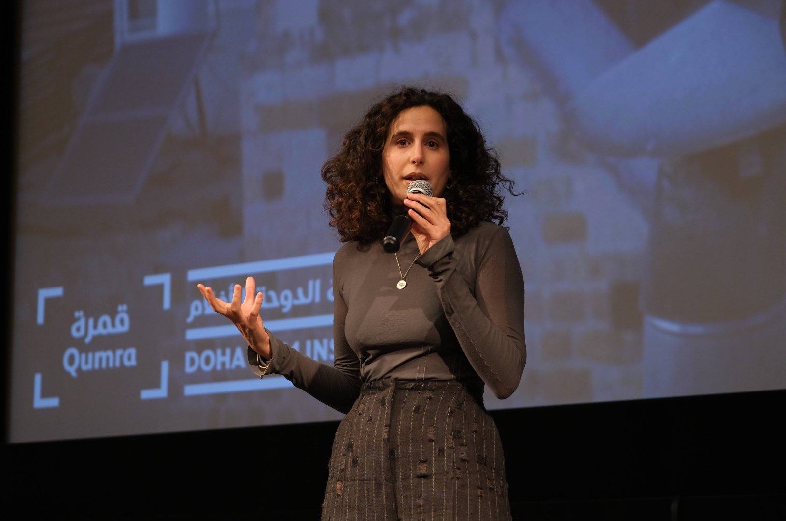Lina Soualem speaks at Qumra, organized by the Doha Film Institute, Doha, Qatar, March, 1, 2024.  (Getty Images Photo)