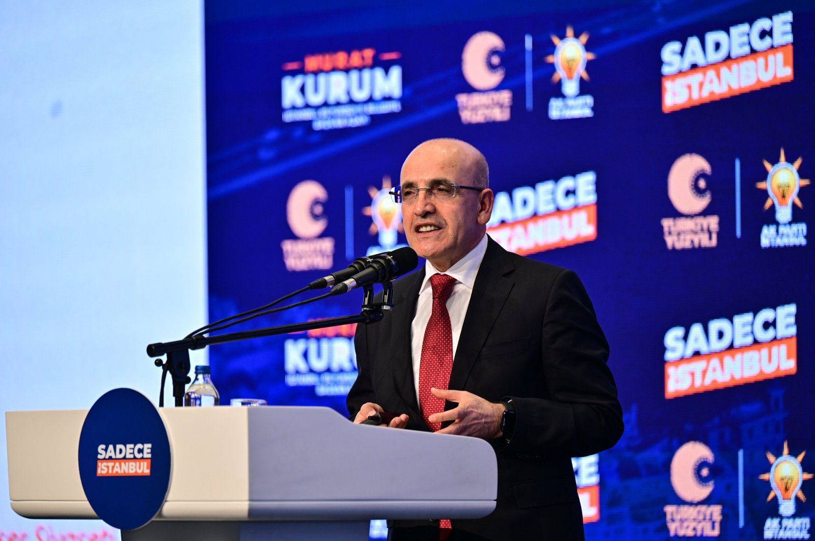 Treasury and Finance Minister Mehmet Şimşek speaks during an event in Istanbul, Türkiye, March 2, 2024. (AA Photo)