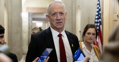 Israel's war Cabinet member Benny Gantz (C) leaves a meeting with Senate Minority Leader Mitch McConnell on Capitol Hill in Washington, D.C., U.S., March 4, 2024. (EPA Photo)