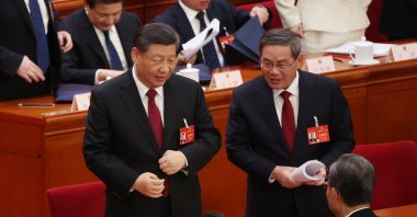 Chinese President Xi Jinping (L) and Premier Li Qiang (R) during the opening ceremony of the second session of the 14th National People&#039;s Congress of China in Beijing, China, March 5, 2024. (EPA Photo)