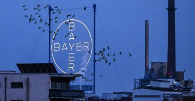 A flock of birds fly past the logo of German chemical and pharmaceutical giant Bayer above the group's plant, Leverkusen, Germany, March 4, 2024. (AFP Photo)